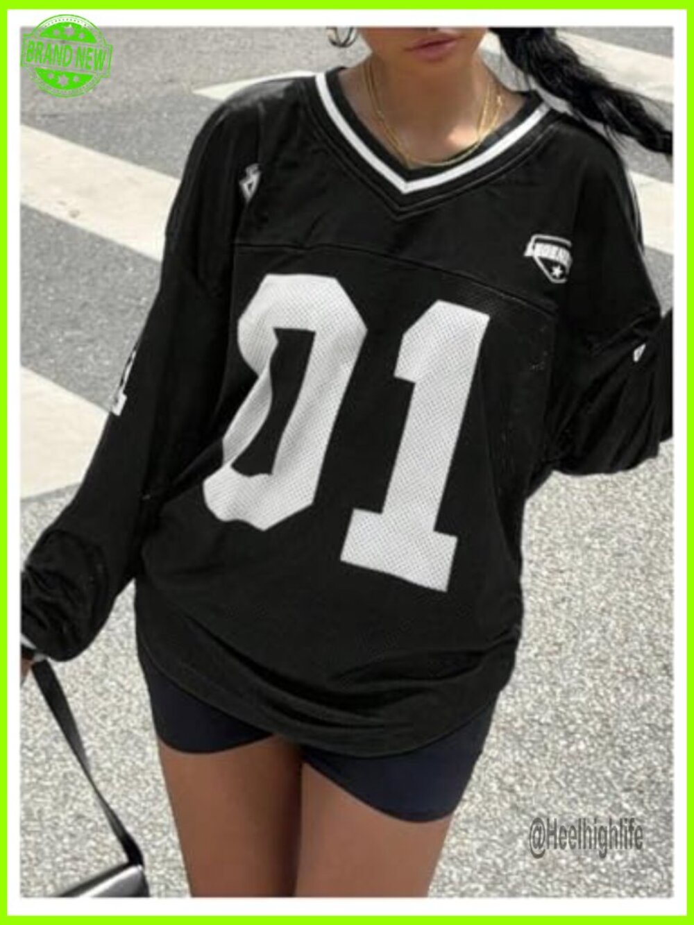 Oversized V-Neck Long Sleeve Graphic T-Shirt Loose Fit Jersey - Picture 4 of 6